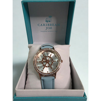 Caribbean Joe Women's Nautical Ship Wheel Watch Rose Gold Blue Band