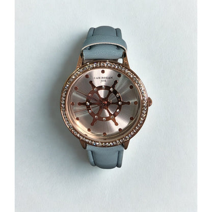 Caribbean Joe Women's Nautical Ship Wheel Watch Rose Gold Blue Band